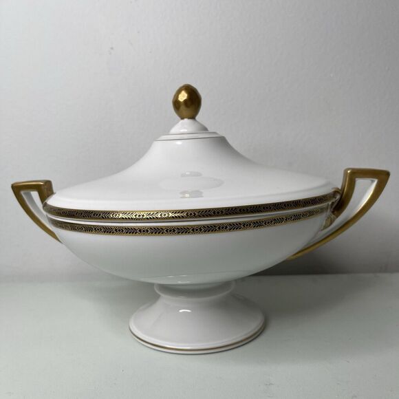 Fraureuth Germany Lidded Vegetable Serving Dish Bowl Tureen Gold Porcelain Deco - Picture 3 of 8